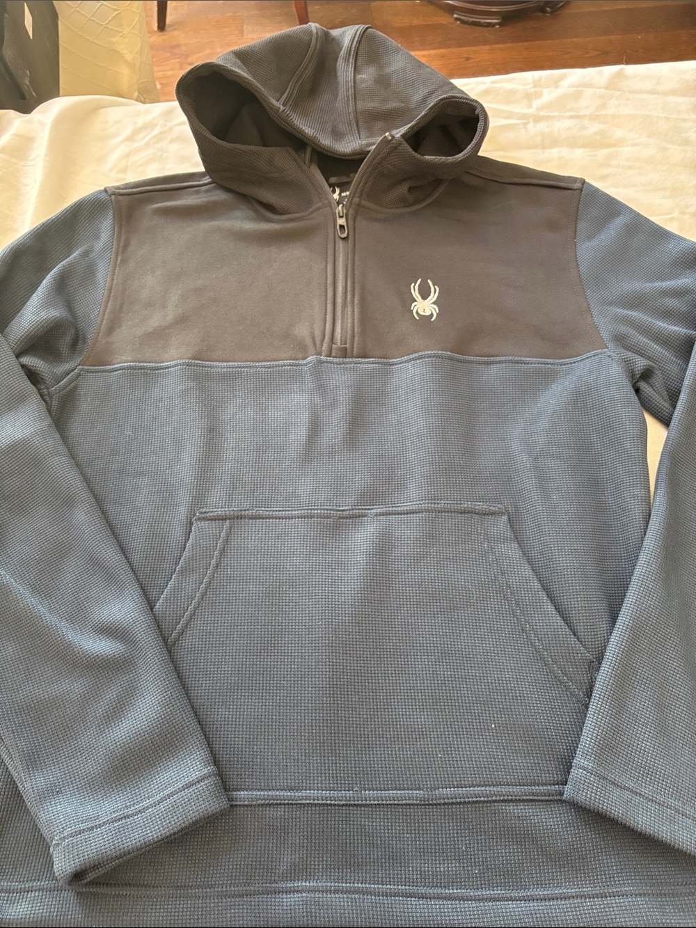 Spyder Men’s Hooded Quarter-Zip Waffle Knit Sweater - Charcoal and Slate Blue